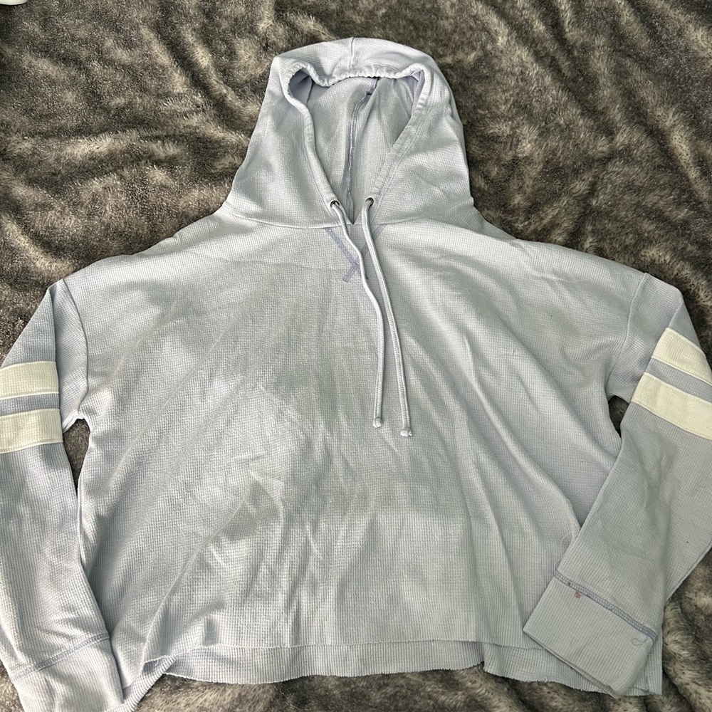 Light Gray Hooded Sweatshirt with Striped Sleeves